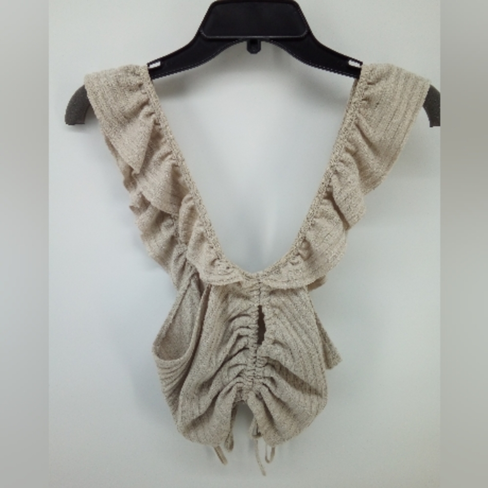 Zara Trafaluc Ruffle Nude Tan Rushed Ribbed Crop Top Large - Picture 6 of 9